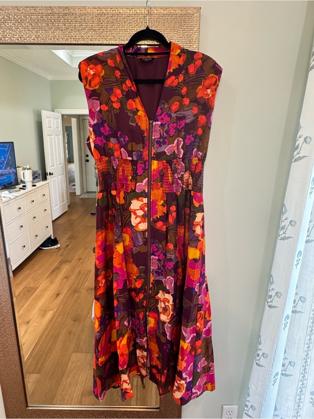 Fate Floral Zip-Front Midi Dress in Burgundy, Pink, and Orange